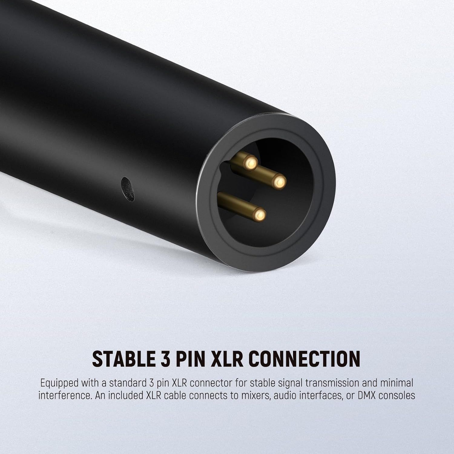 Highlights the stable 3 pin XLR connector feature to reassure shoppers of reliable signal transmission and professional compatibility with audio equipment.