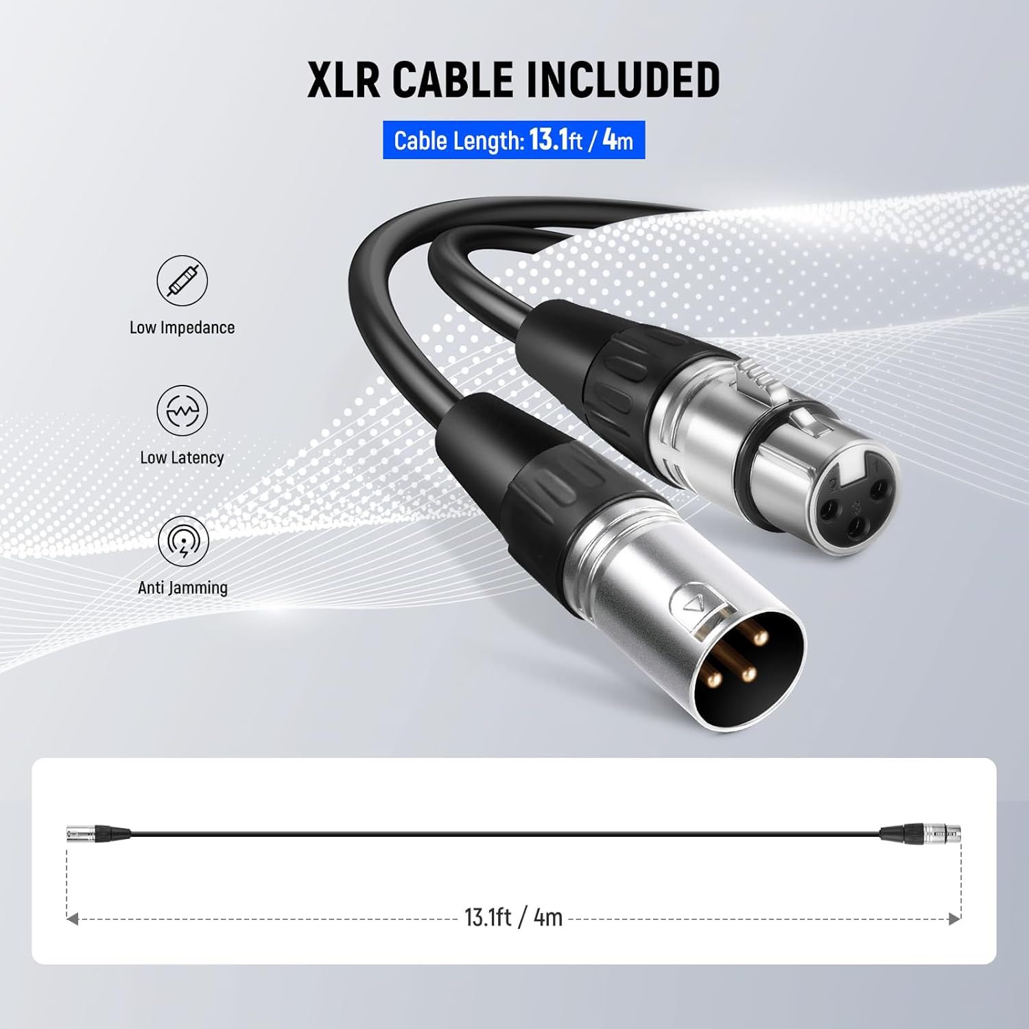 Communicates multiple technical benefits of the included XLR cable to reassure buyers about audio quality and performance while also specifying the cable length. Informs the shopper that an XLR…