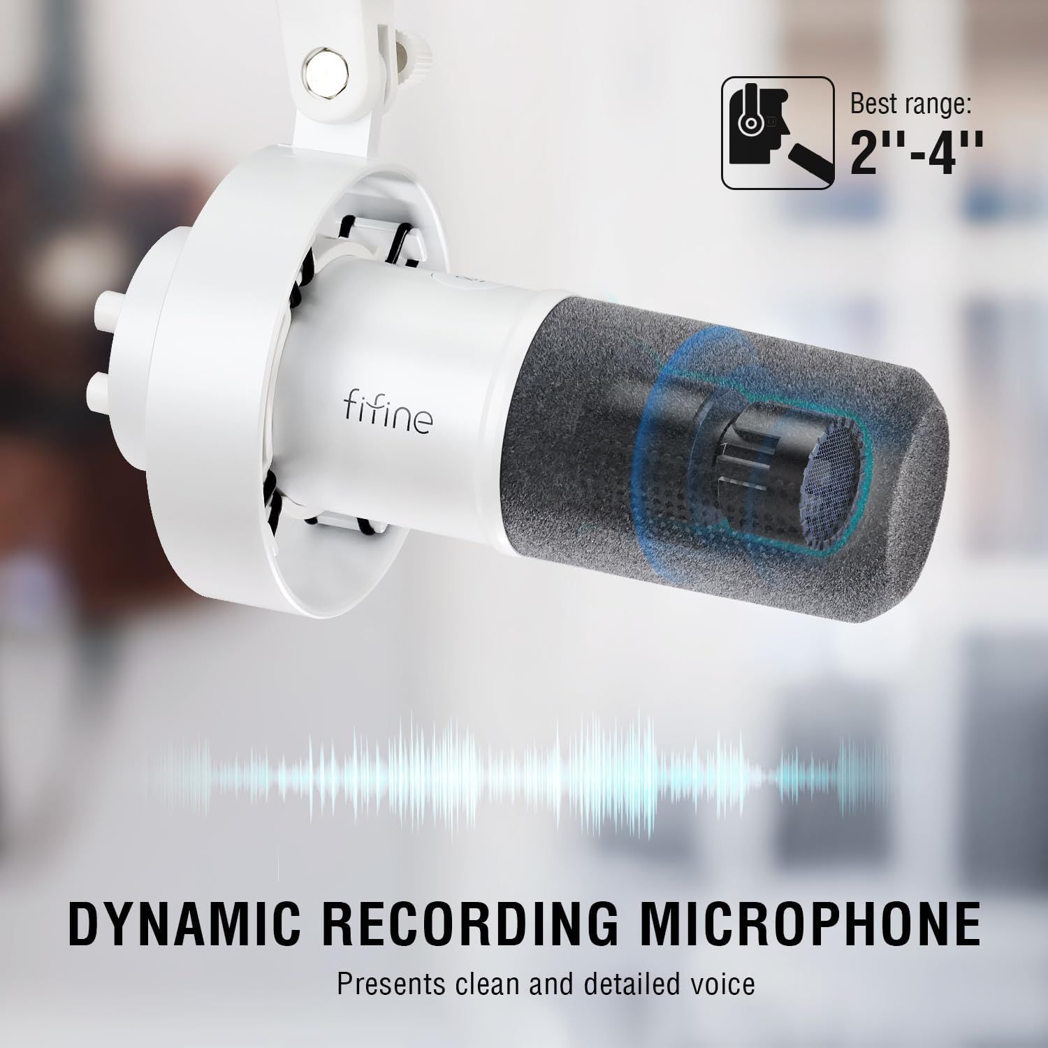 This image breaks down the internal structure of the microphone to show the dynamic recording component and optimal recording distance, helping shoppers understand the technical quality and proper…