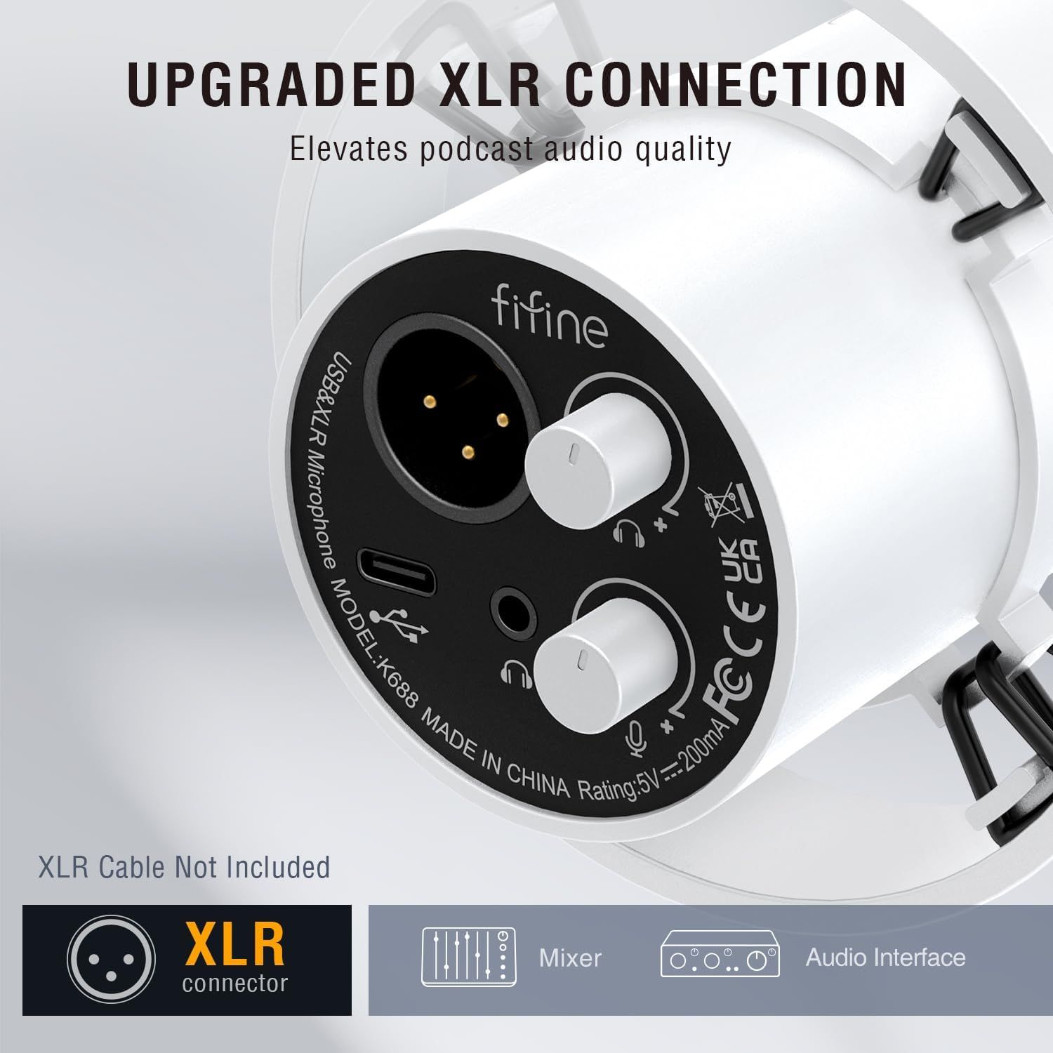 Highlights the upgraded XLR connection feature to communicate improved podcast audio quality and professional-grade connectivity to shoppers.