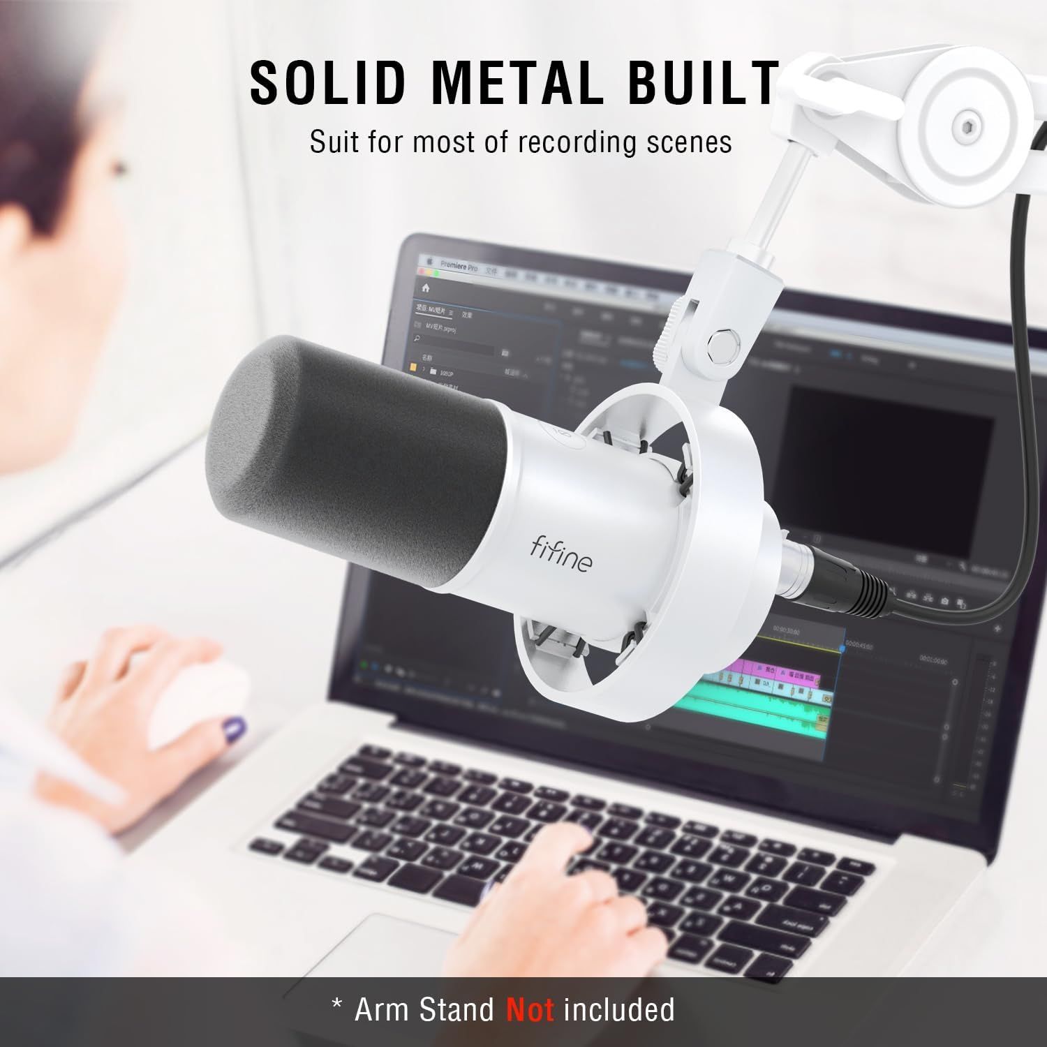 Communicates the durable metal build quality of the microphone to reassure shoppers that it is sturdy and suitable for professional recording environments.