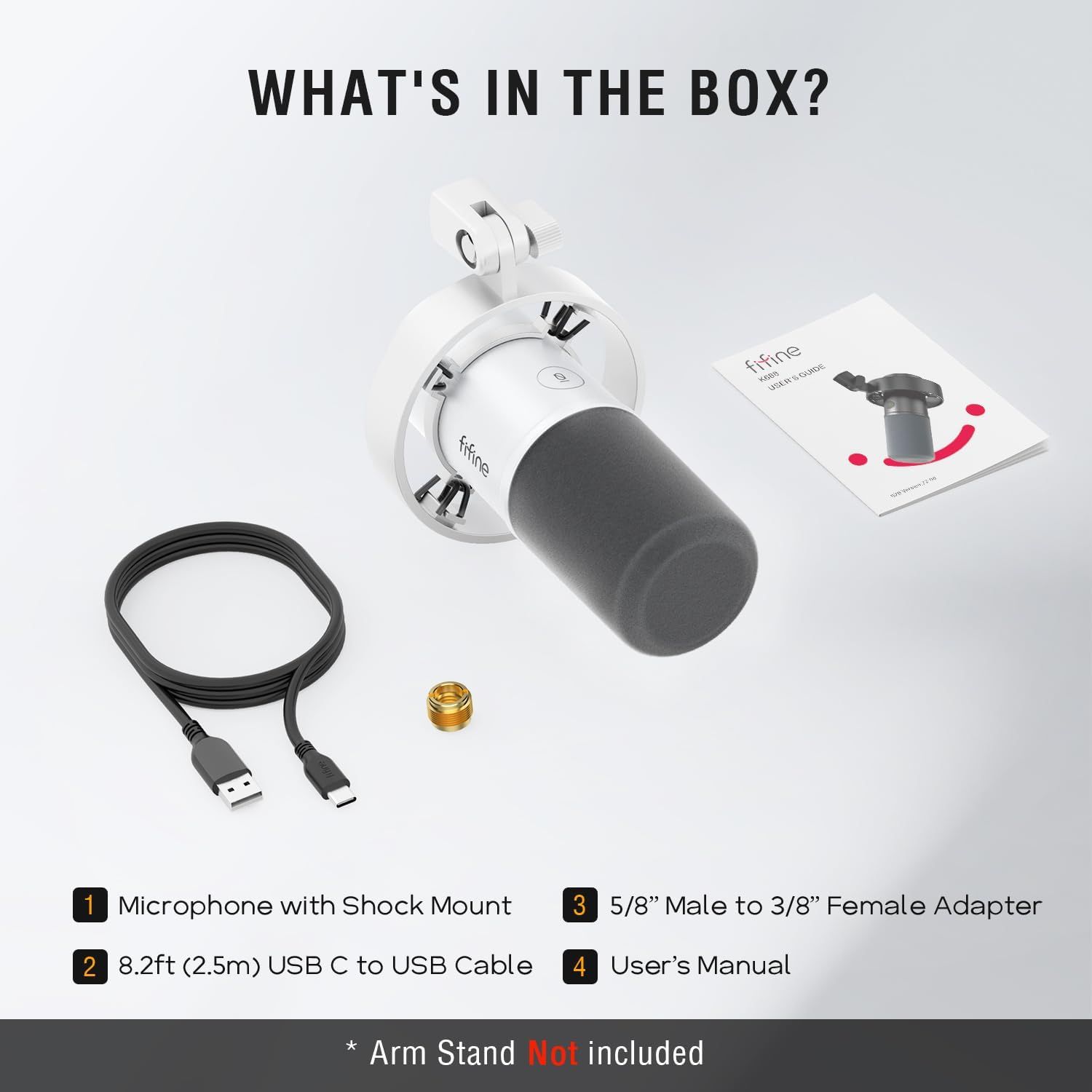 Shows everything included in the box so shoppers know exactly what they will receive with their purchase, including the microphone, shock mount, USB cable, adapter, and user manual.