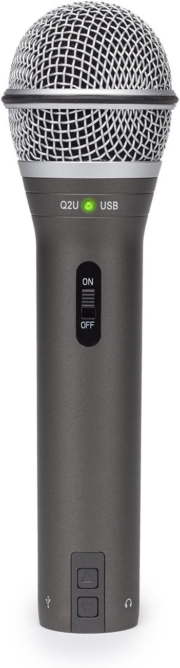 Highlights the key functional components of the microphone including USB connectivity, power switch, and control buttons to help shoppers understand the product's features and operation.