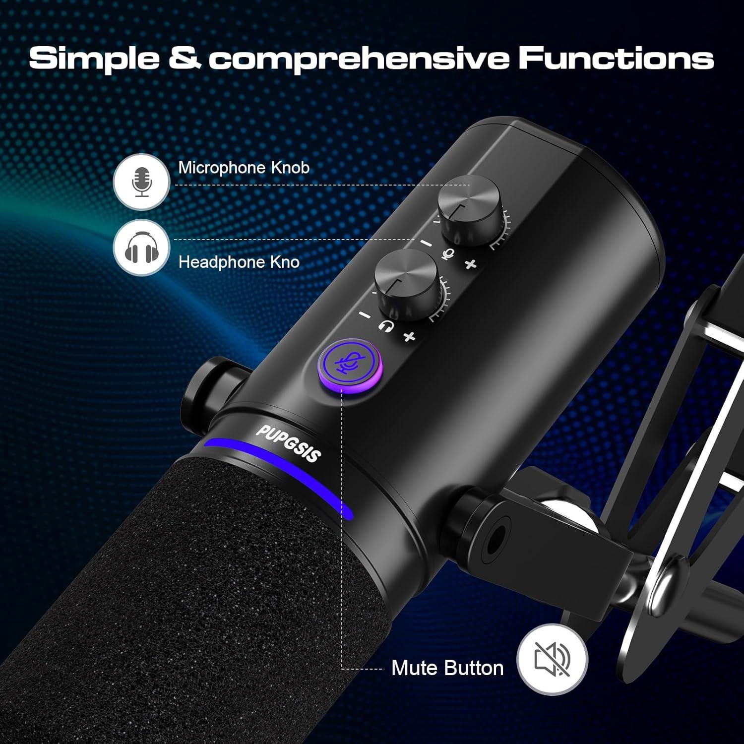 This image breaks down the microphone's key controls and features with labeled callouts to help shoppers understand the physical layout and functionality of each component.