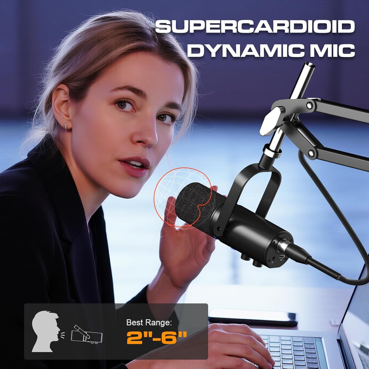 Highlights the microphone's supercardioid pickup pattern and optimal recording distance of 2-6 inches to communicate professional audio capture quality.