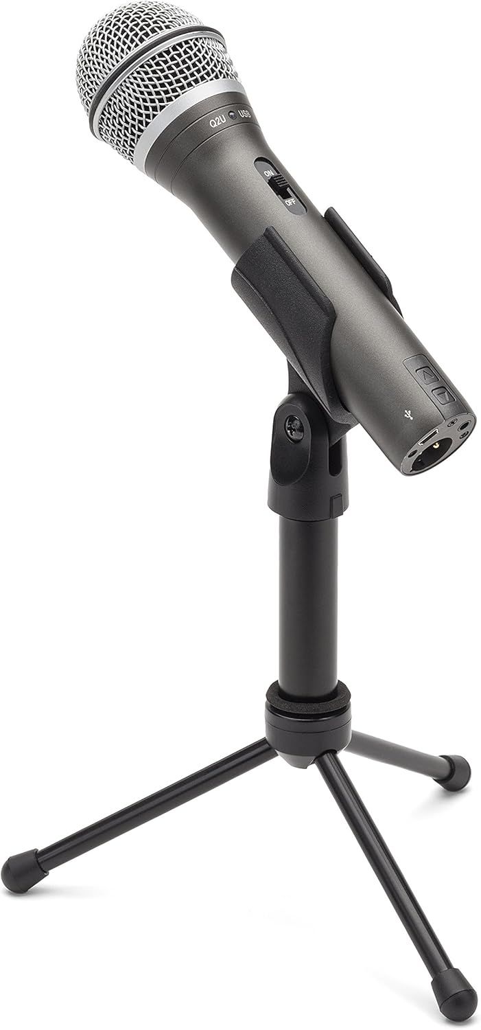 Shows the customer what is included in the package: the microphone, adjustable clip mount, and tripod stand, helping them understand the complete setup they will receive.