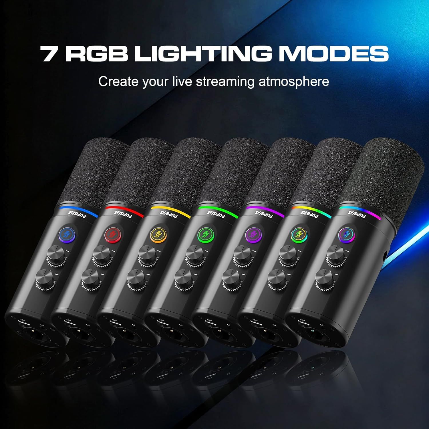 Highlights the customizable RGB lighting feature with 7 different color modes to help streamers create their desired atmosphere during live streaming.