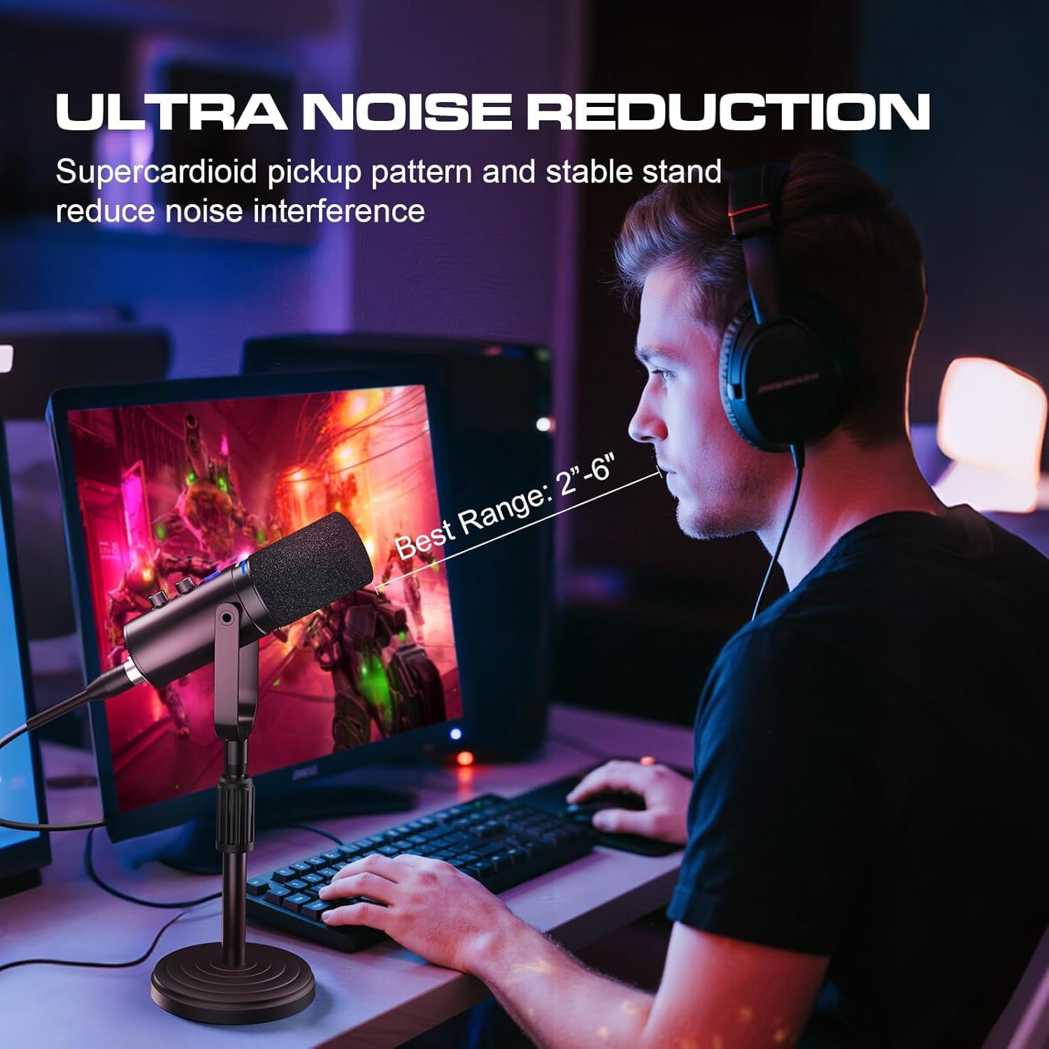 Communicates that the microphone features ultra noise reduction technology with a supercardioid pickup pattern and stable stand to minimize background noise interference during use.