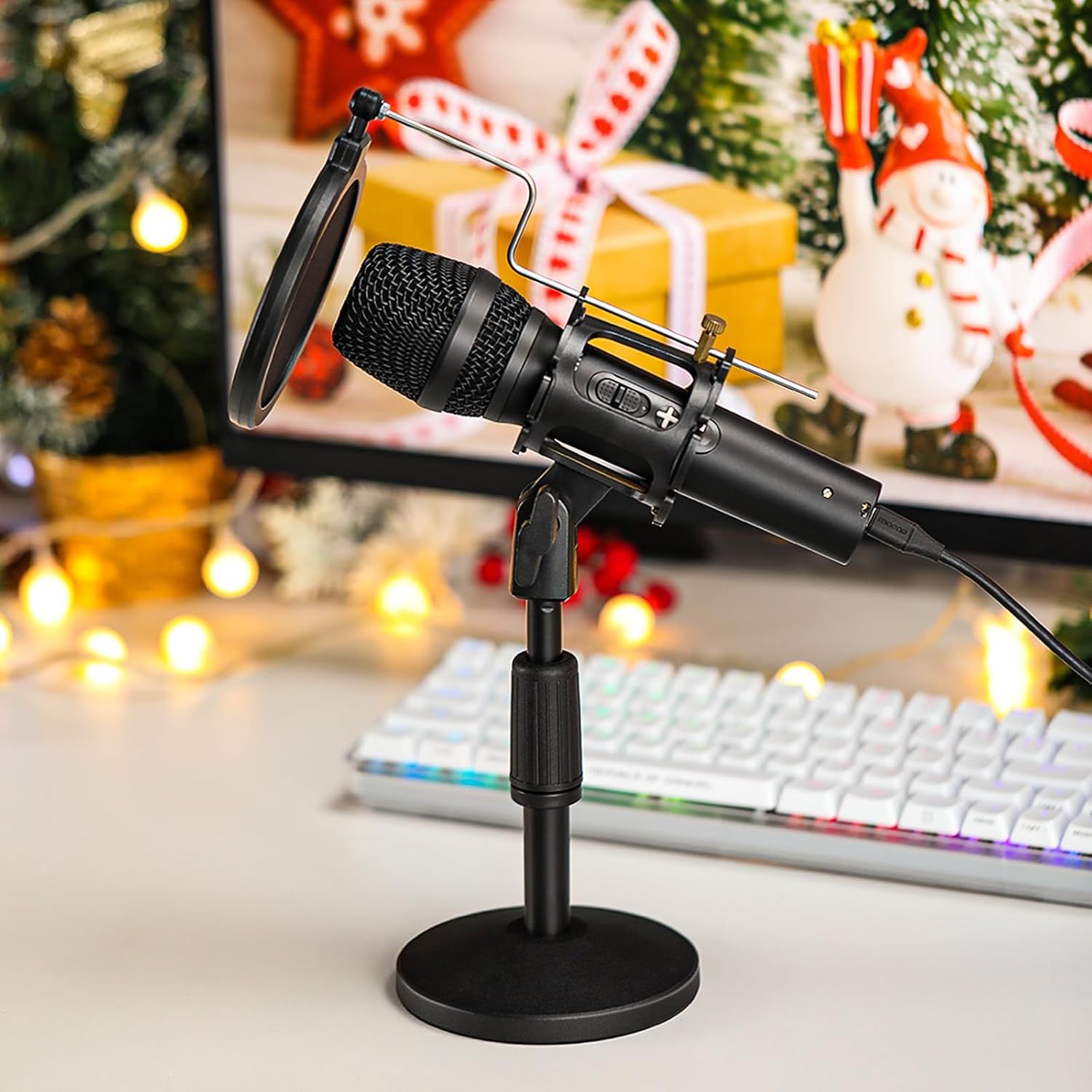 Positions the microphone as a relevant gift or purchase for the holiday season by showcasing it in a festive Christmas environment with decorations, gifts, and seasonal elements.