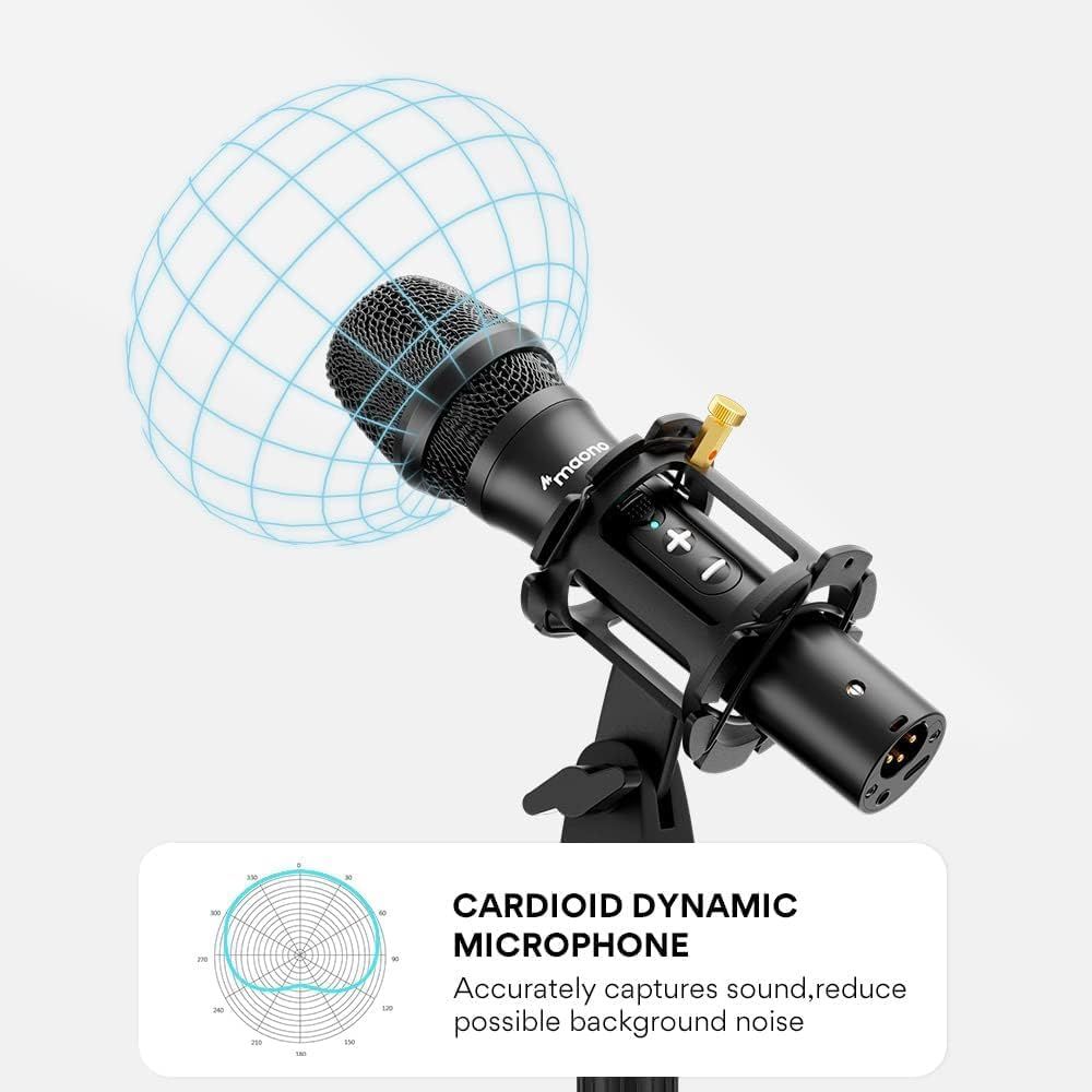 Communicates that the microphone uses a cardioid pickup pattern to accurately capture sound while reducing background noise, reassuring shoppers of superior audio quality.