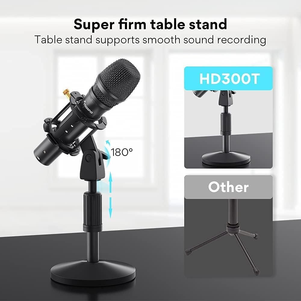 Demonstrates the superiority of the HD300T table stand design compared to a competitor's tripod stand, emphasizing stability and adjustable positioning for smooth sound recording.