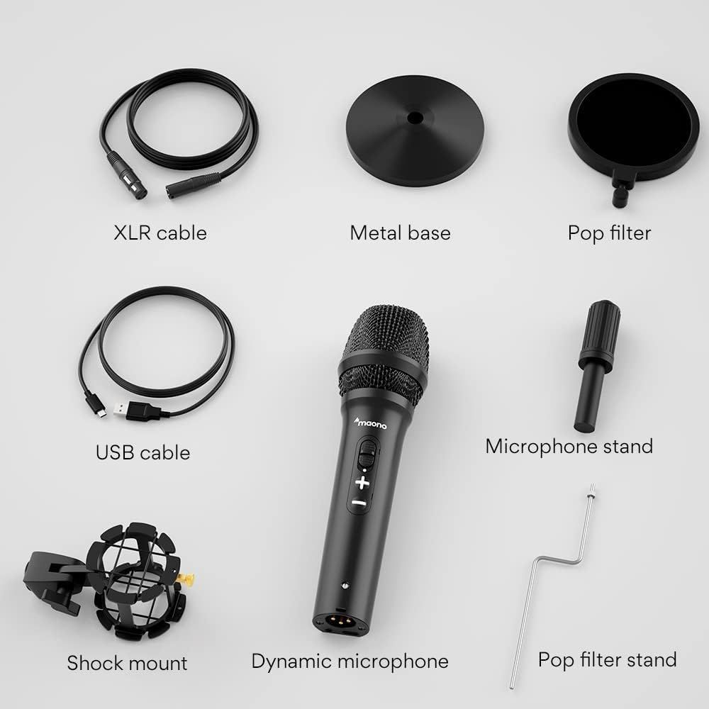 Shows all items included in the package so shoppers understand the full value and completeness of the microphone bundle they will receive.