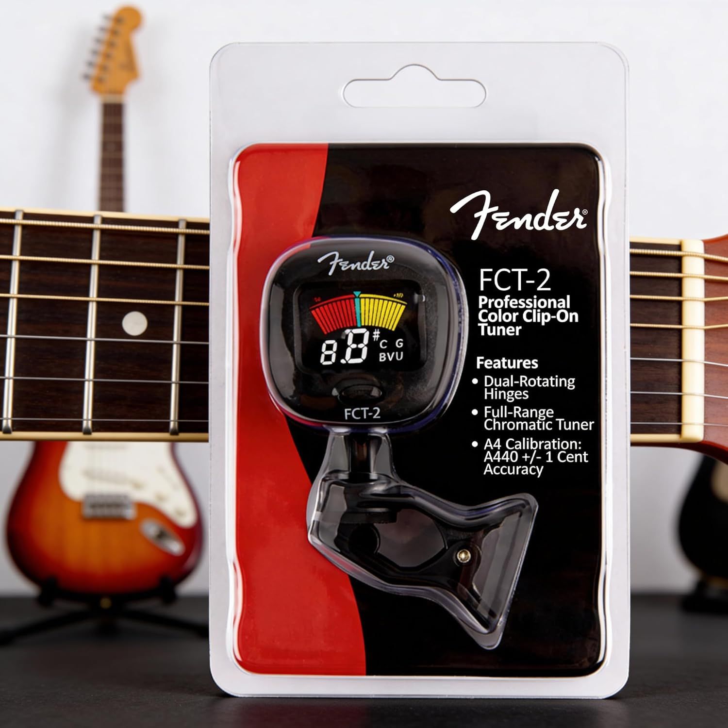 Communicates multiple key features of the guitar tuner to help shoppers understand its professional capabilities and technical specifications.