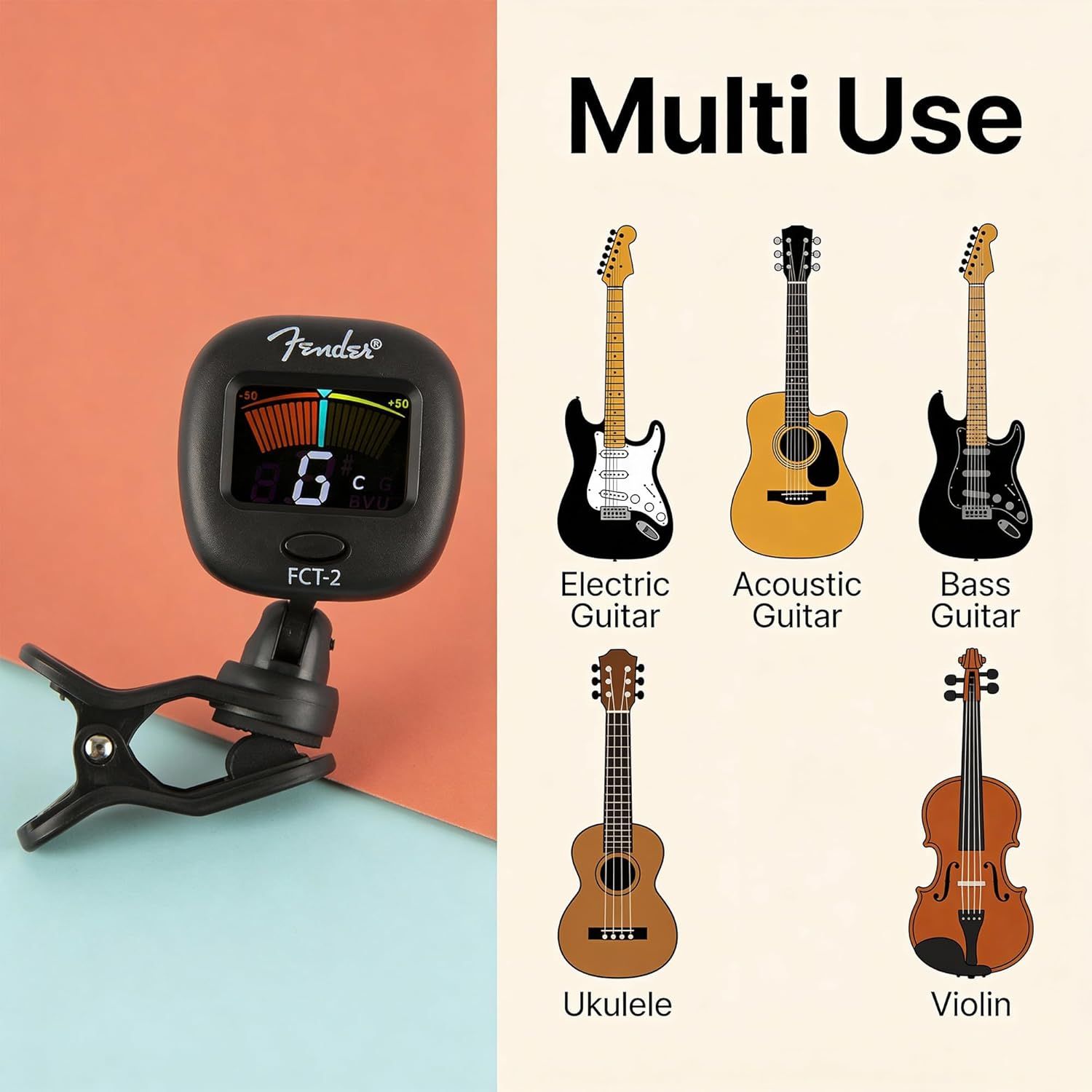 Demonstrates that the Fender tuner works with multiple string instruments including electric guitar, acoustic guitar, bass guitar, ukulele, and violin, showcasing its versatility and broad…