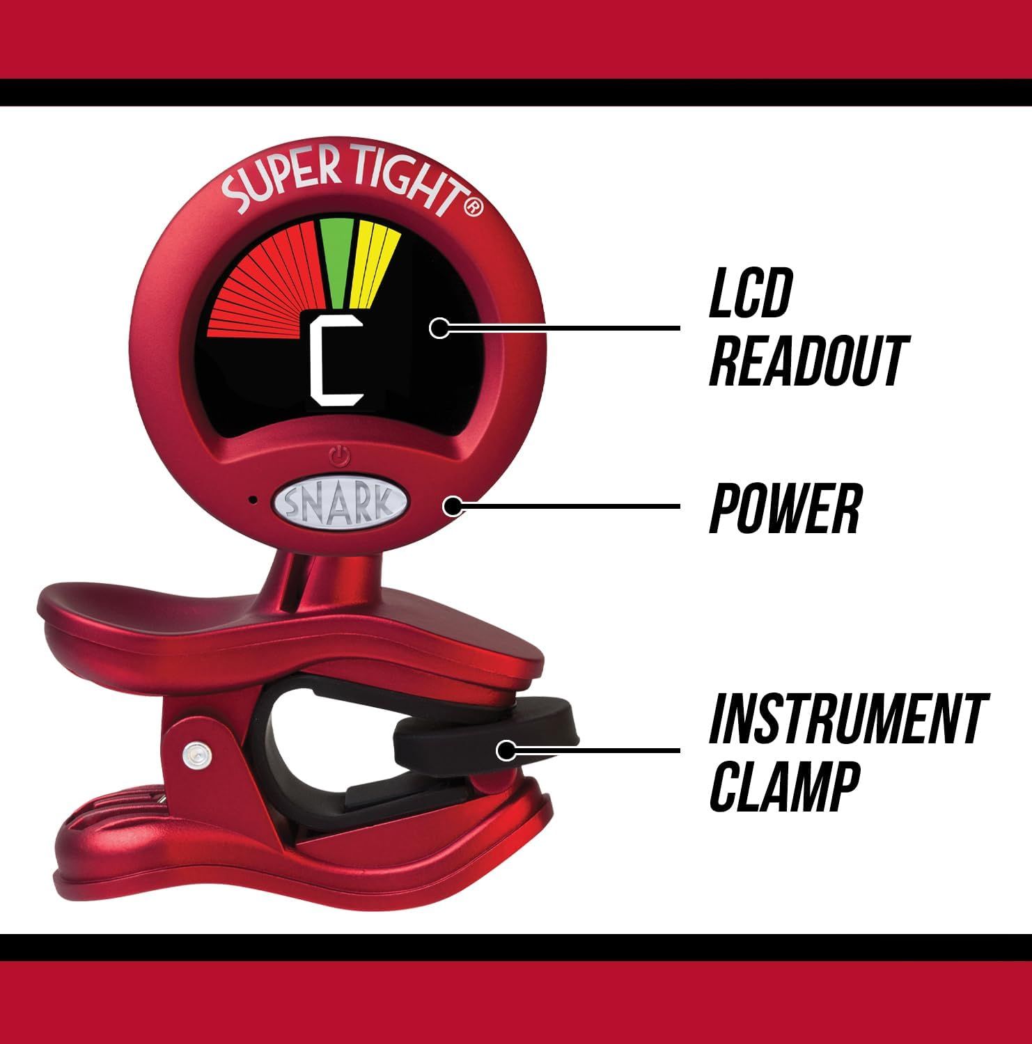 This image breaks down the guitar tuner by labeling its key functional components to help shoppers understand how each part works and where to find controls.