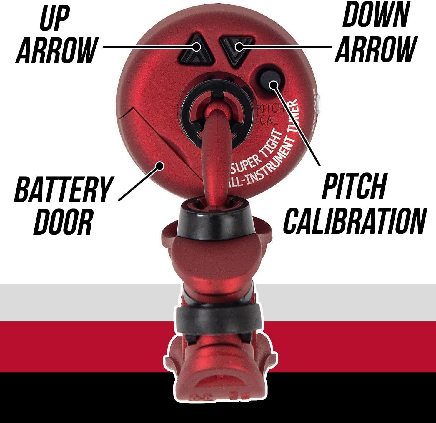 This image breaks down the key functional components of the instrument tuner, helping shoppers understand how to operate the device by identifying each button and control.