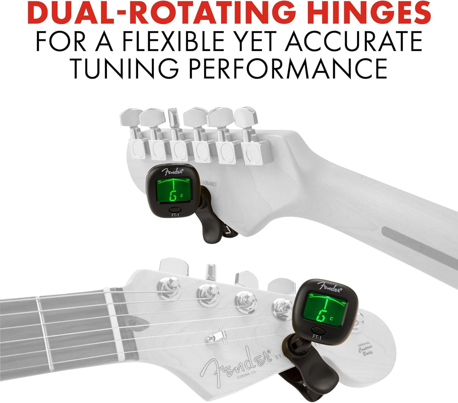 Highlights the dual-rotating hinge feature of the guitar tuner that enables flexible positioning and accurate tuning performance on the instrument.