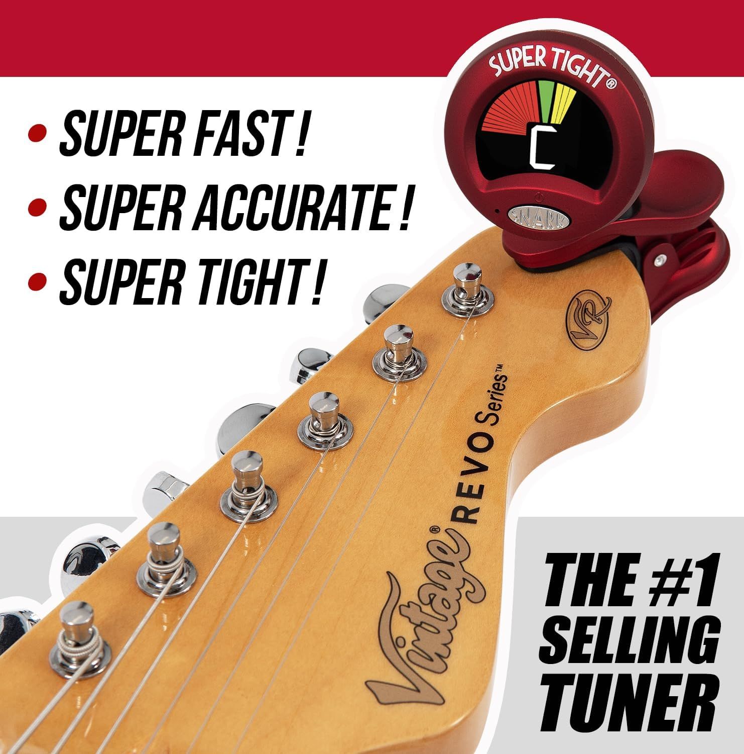 Communicates three key benefits of the guitar tuner to show shoppers it delivers speed, accuracy, and tight tuning performance.