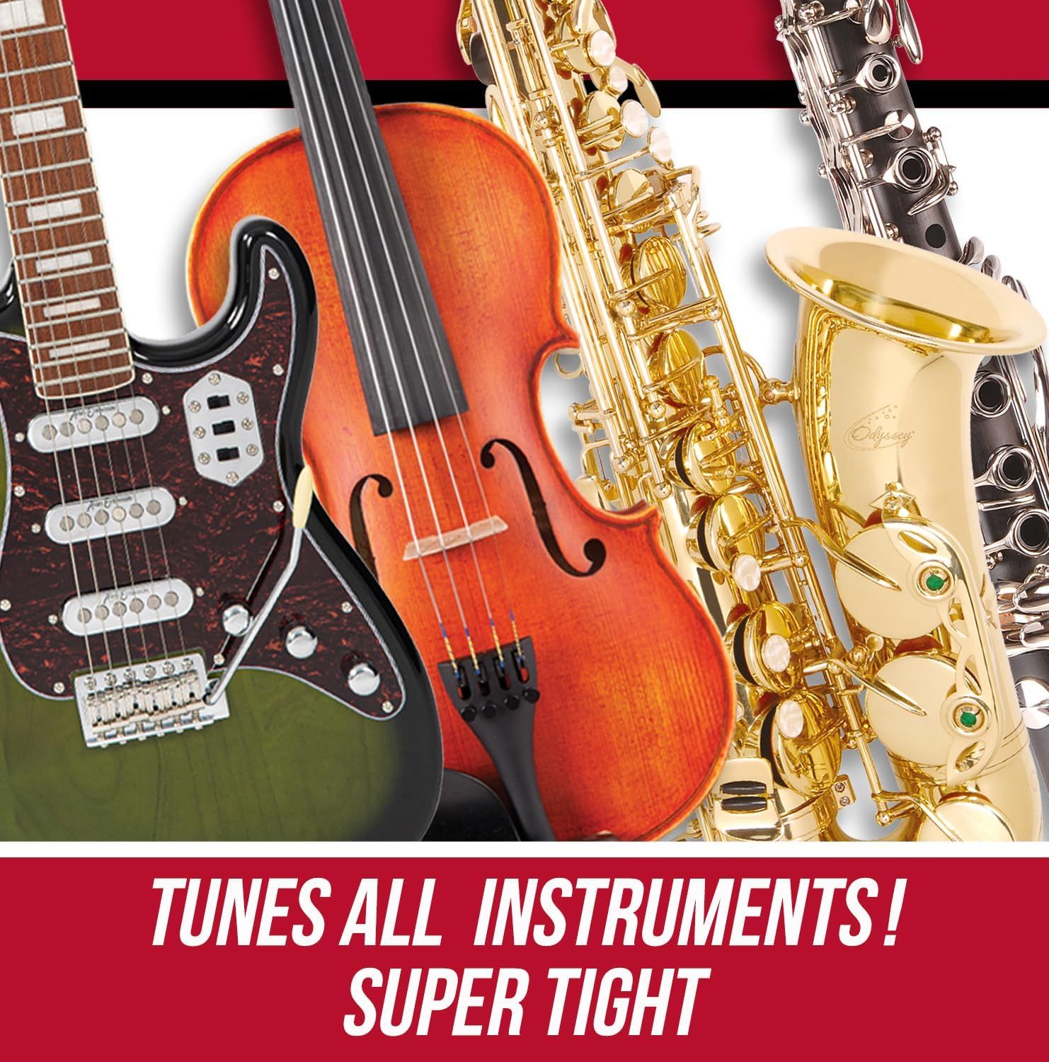 Demonstrates that the product works with multiple types of musical instruments including guitar, violin, saxophone, and clarinet, showing its versatility across different instrument categories.