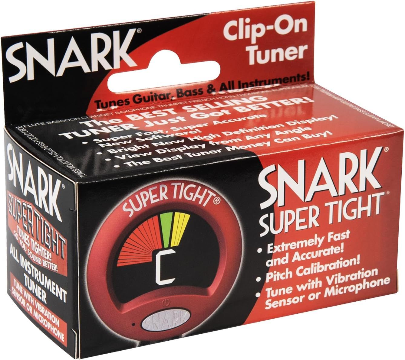 Communicates multiple key features of the clip-on tuner including speed, accuracy, calibration capability, and dual sensing modes to help shoppers understand the product's versatility and performance.