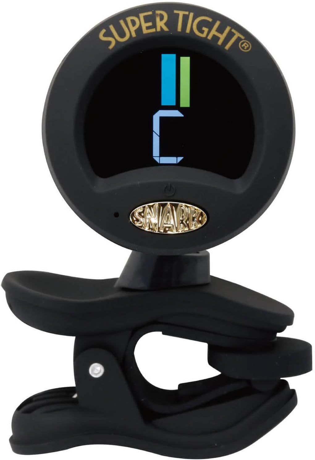 Shows the guitar tuner clipped and ready to use, helping shoppers visualize how the product looks when attached to an instrument.
