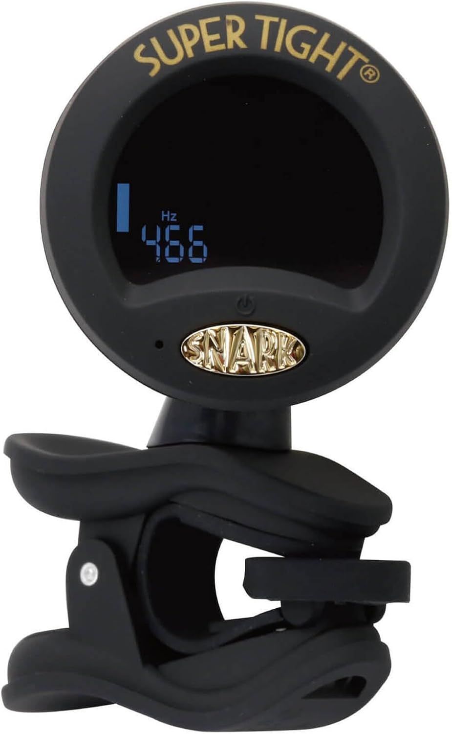 Shows the guitar tuner clipped and ready to use in a real-world setting, helping shoppers visualize how the product looks and functions when attached to an instrument.