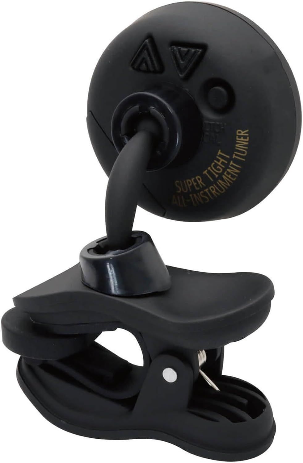 Shows the instrument tuner clipped onto a surface in a real-world setting to help shoppers visualize how the product looks and functions when attached.