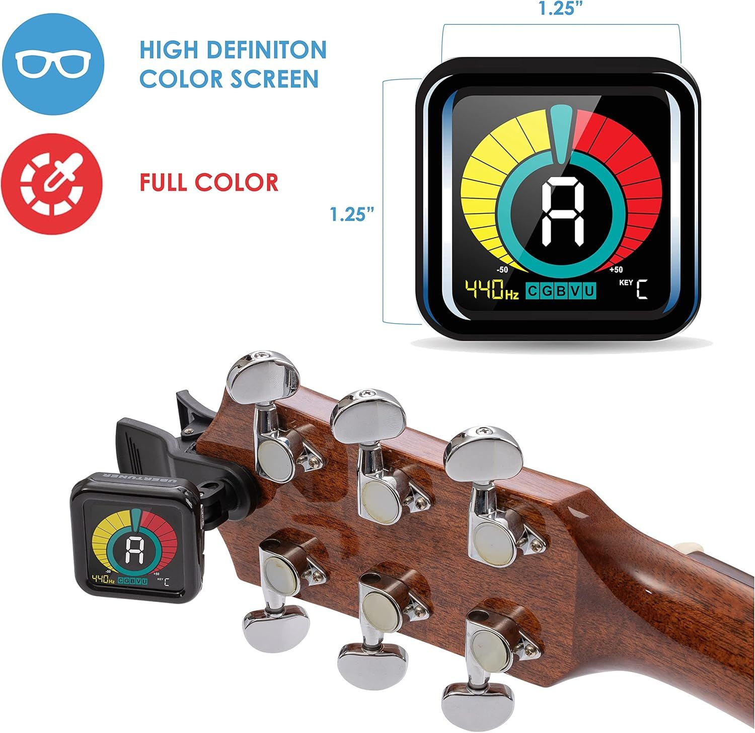 Communicates multiple key features of the guitar tuner including its high-definition color screen, full color display capability, and compact 1.25 inch size to help shoppers understand the product's…