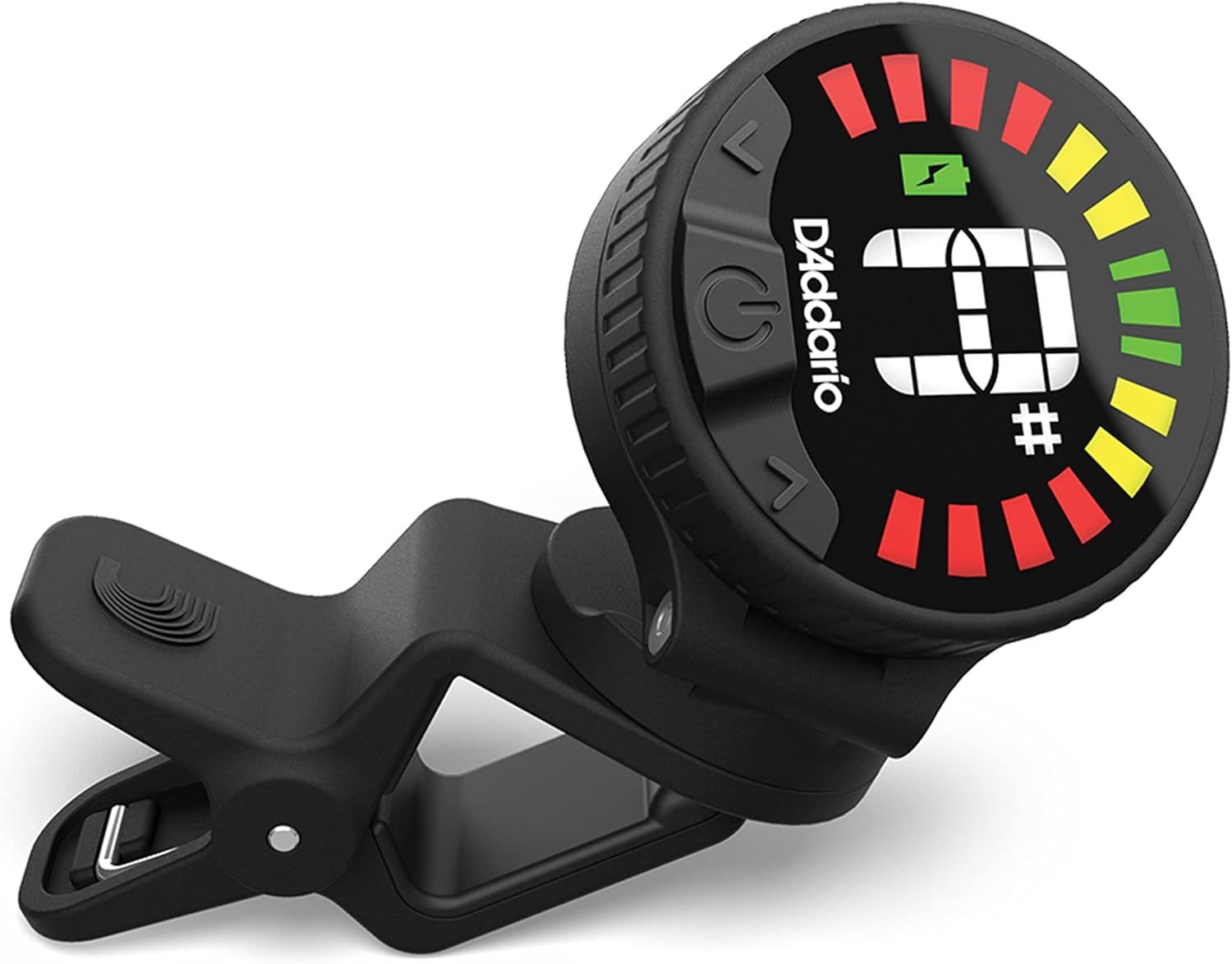Shows the guitar tuner in a realistic usage context to help shoppers visualize how the product looks and functions when clipped onto an instrument.