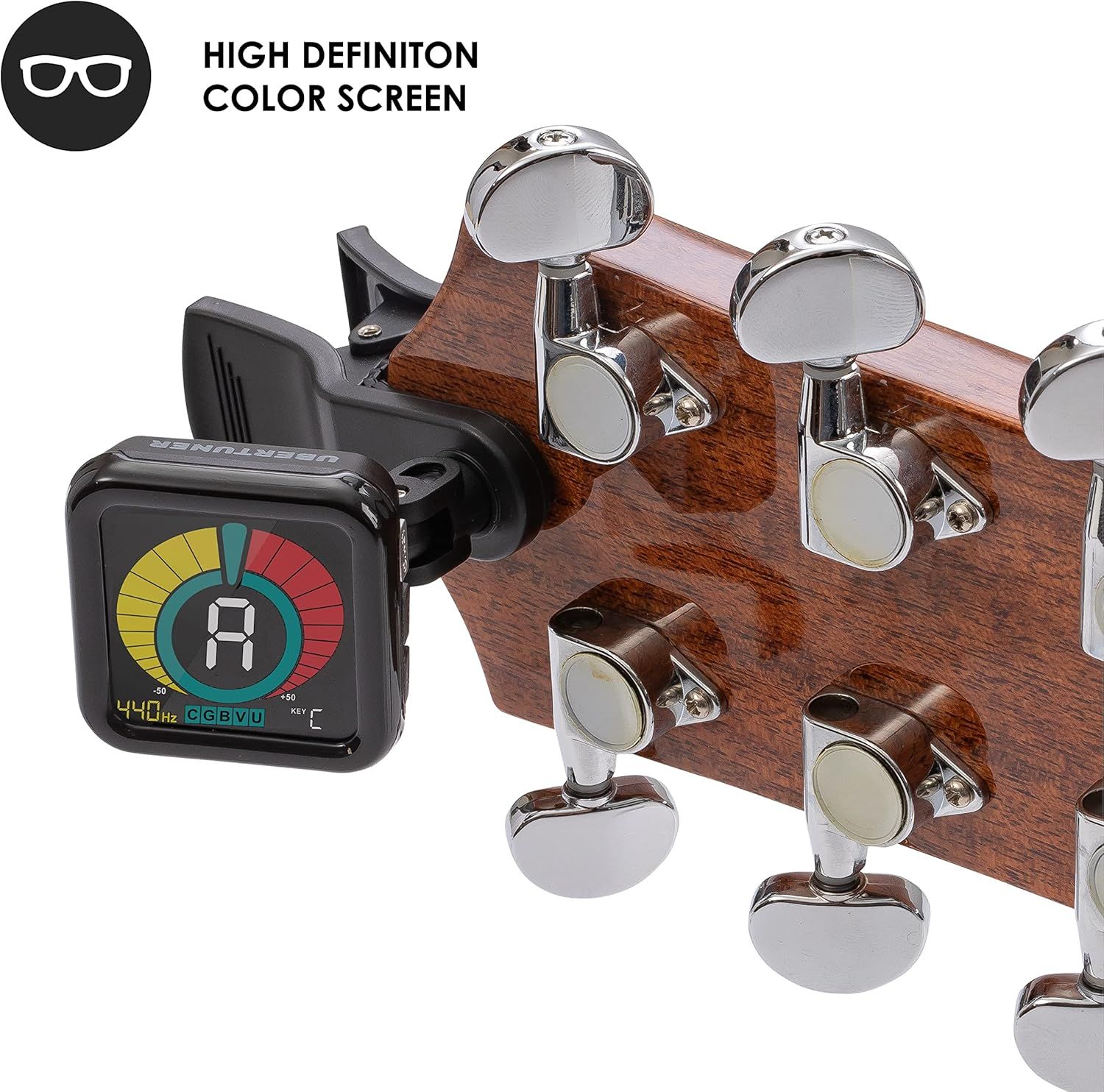 Highlights the tuner's high definition color screen feature to reassure shoppers that the display is clear and easy to read for accurate tuning.