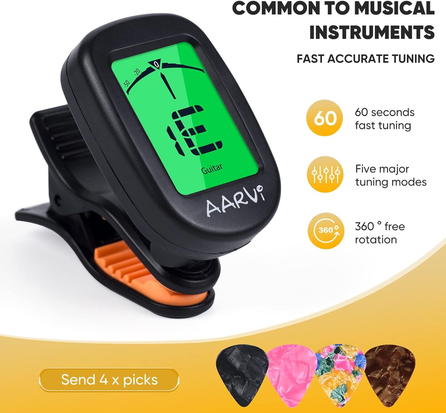 Showcases multiple key features of the guitar tuner including speed, tuning modes, and rotation capability to demonstrate versatility and functionality to musicians.