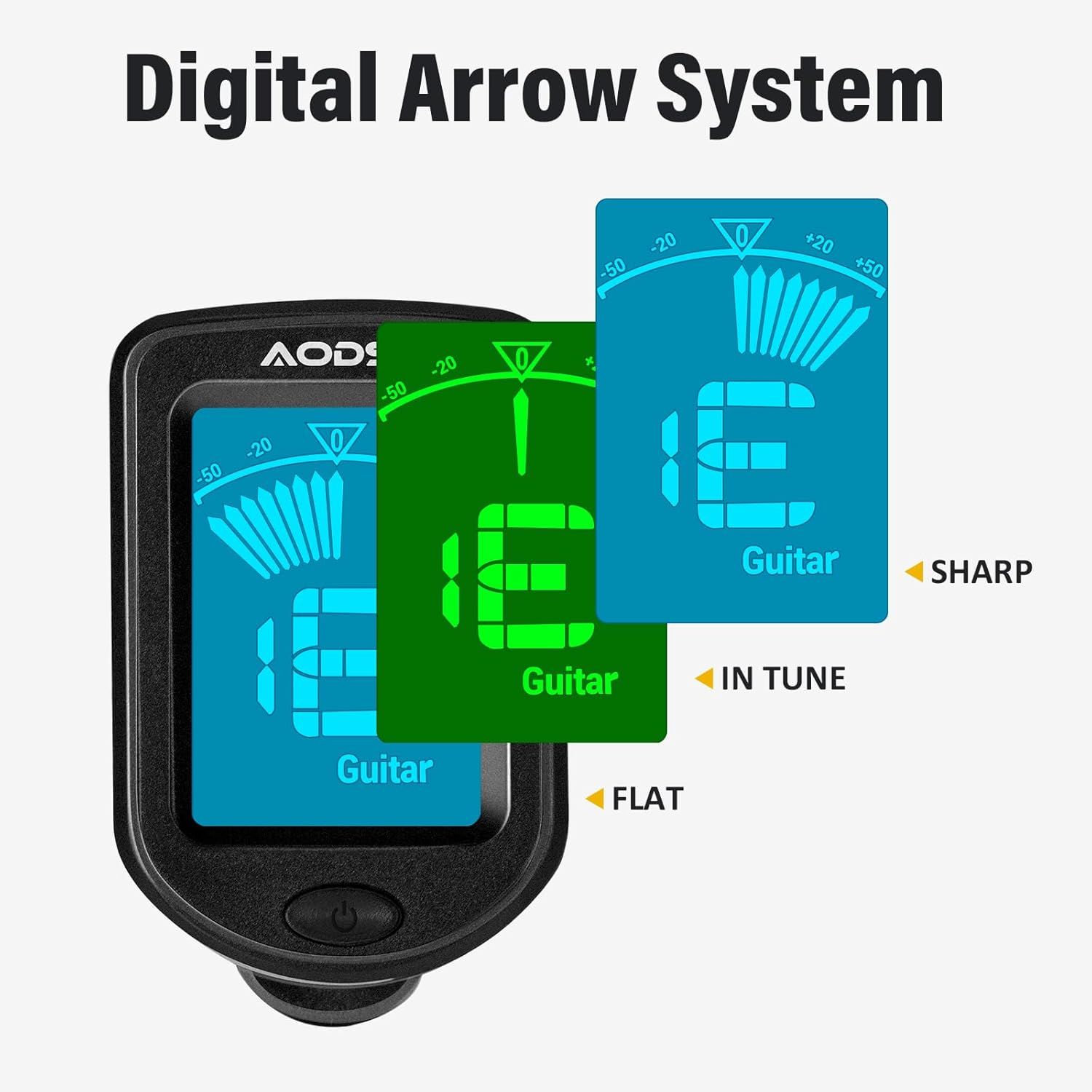 Demonstrates the digital arrow tuning system that visually indicates whether the guitar is sharp, in tune, or flat, making tuning easier and more intuitive for users.