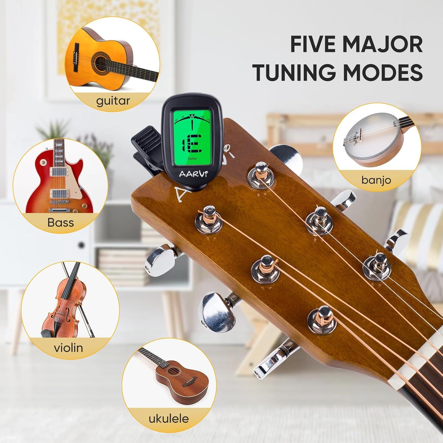 Demonstrates that the tuner is compatible with five different stringed instruments (guitar, bass, violin, ukulele, and banjo), reassuring shoppers of its versatility across multiple use cases.