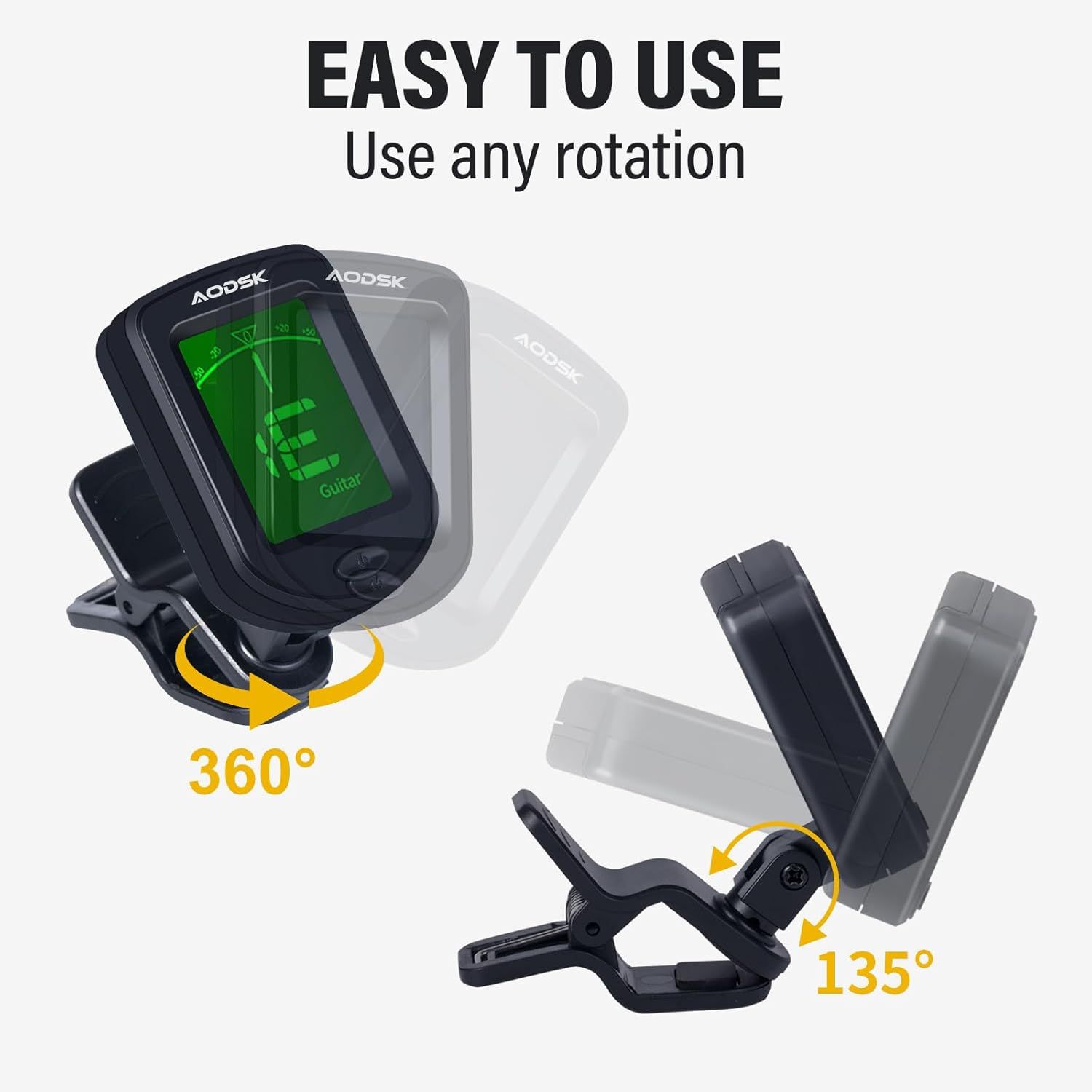 Demonstrates the tuner's flexible rotation capability, showing shoppers they can adjust the device to any angle for optimal viewing and ease of use.