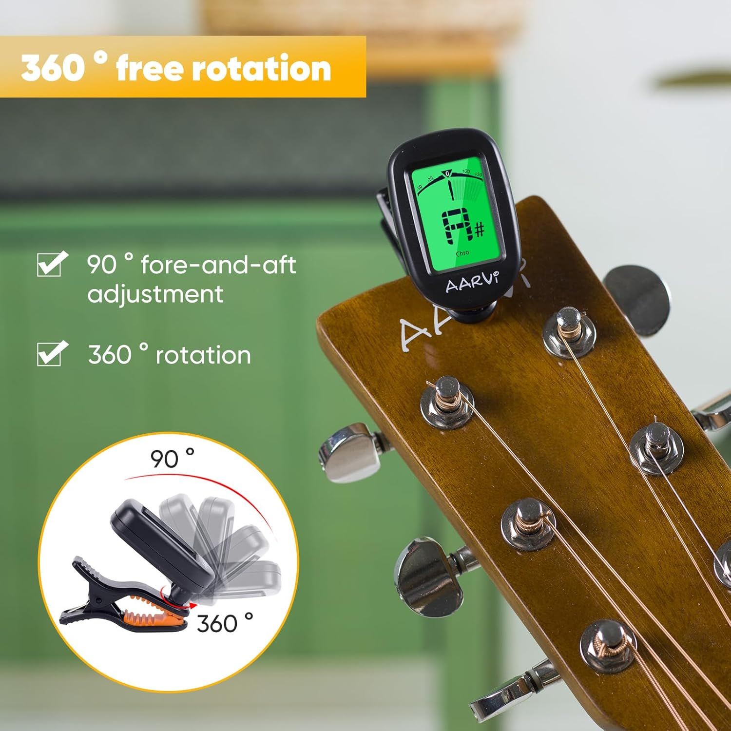 Communicates the tuner's flexible positioning capabilities with both 360-degree rotation and 90-degree adjustment, helping musicians understand the versatile viewing angles available.