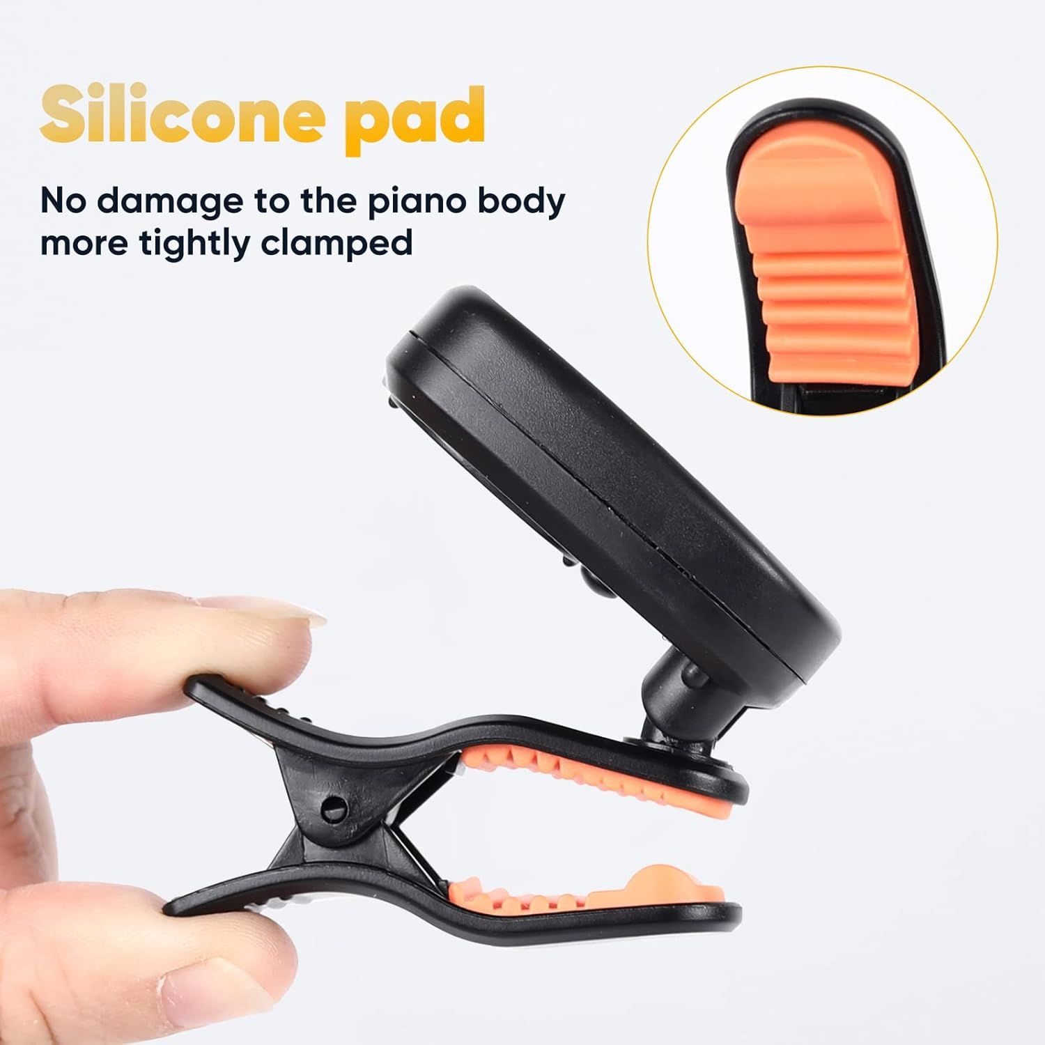 Communicates that the silicone pad prevents damage to the piano body while providing a secure clamp, reassuring customers about safe use.