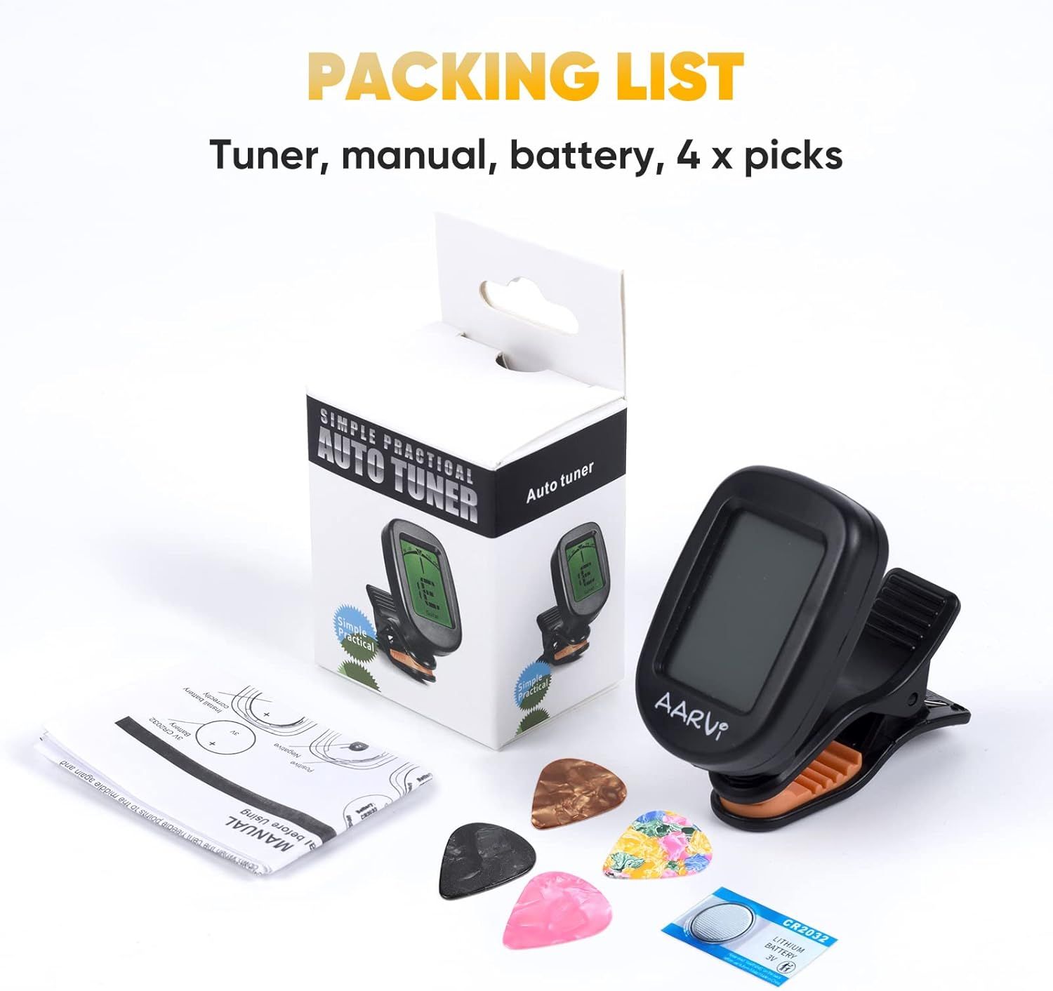 Shows everything included in the purchase: the auto tuner device, instruction manual, battery, and 4 guitar picks, helping shoppers understand the full value of the bundle.