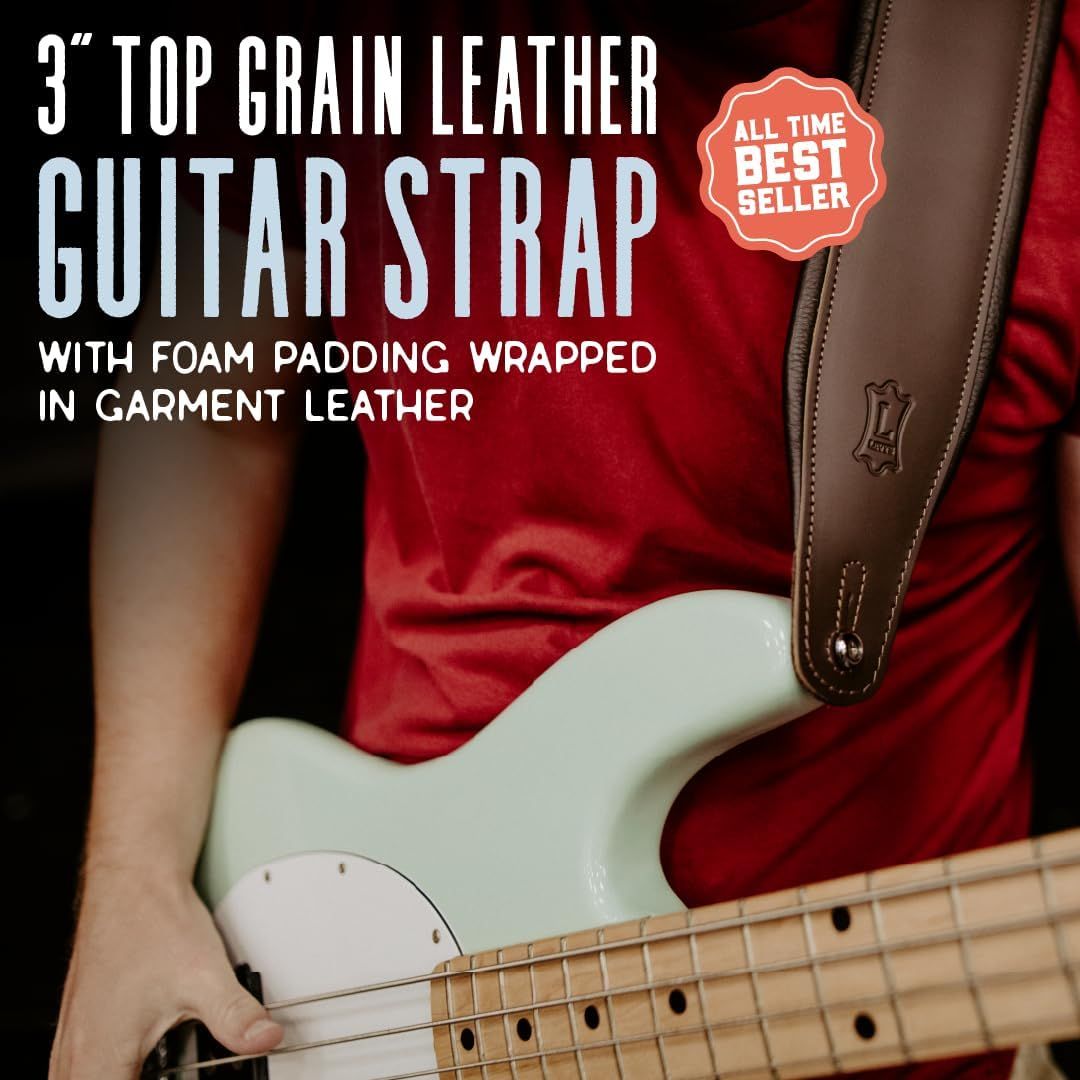 Highlights the premium material and comfort of the guitar strap, emphasizing its bestseller status to build trust and desirability.