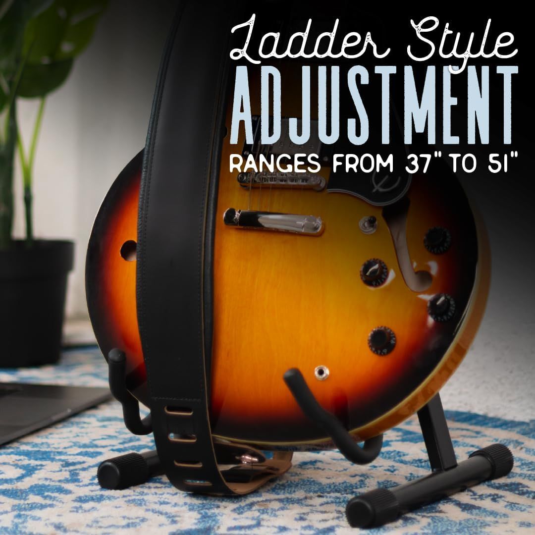 Communicates that the guitar strap features adjustable height ranging from 37 to 51 inches, reassuring shoppers that it can accommodate different body sizes and playing preferences.