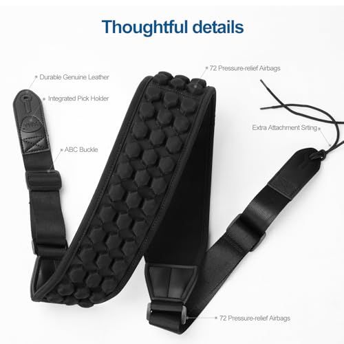 This image breaks down the guitar strap by labeling key functional components and materials to help shoppers understand the thoughtful design features and quality construction.