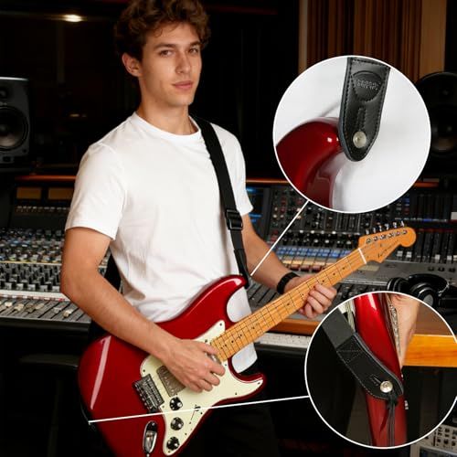 Highlights the guitar strap attachment mechanism by zooming in on the strap button hardware to show customers how the strap connects securely to the guitar.