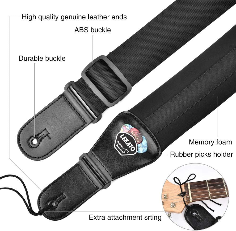 This image breaks down the guitar strap by labeling key components and materials to help shoppers understand the quality, construction, and functional features of each part.