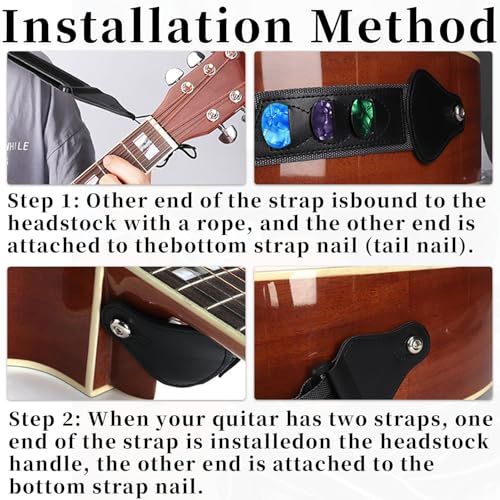 Provides step-by-step instructions on how to properly install a guitar strap, showing where to attach each end of the strap to the guitar to help customers set up the product correctly.