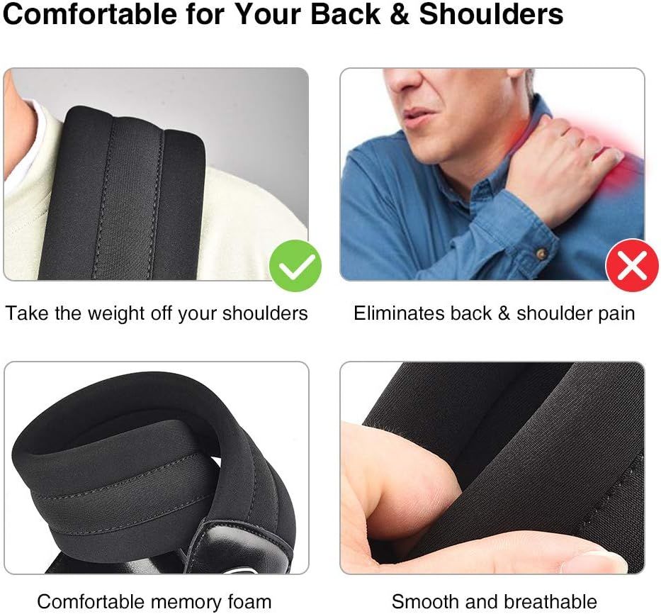 Communicates multiple benefits of the product including comfort, pain elimination, memory foam construction, and breathability to show shoppers how it addresses back and shoulder issues.