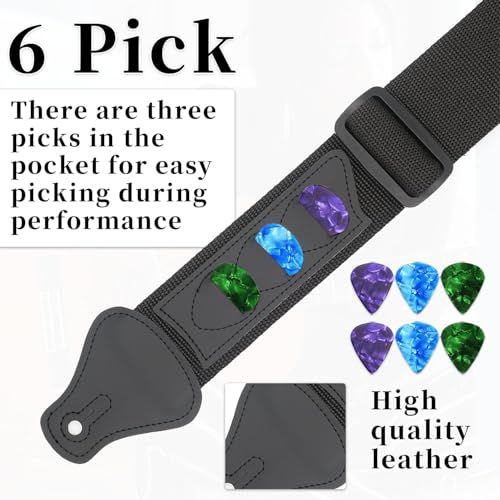 Highlights the convenient built-in pocket that holds three guitar picks for easy access during performance, emphasizing the practical storage feature of the guitar strap.