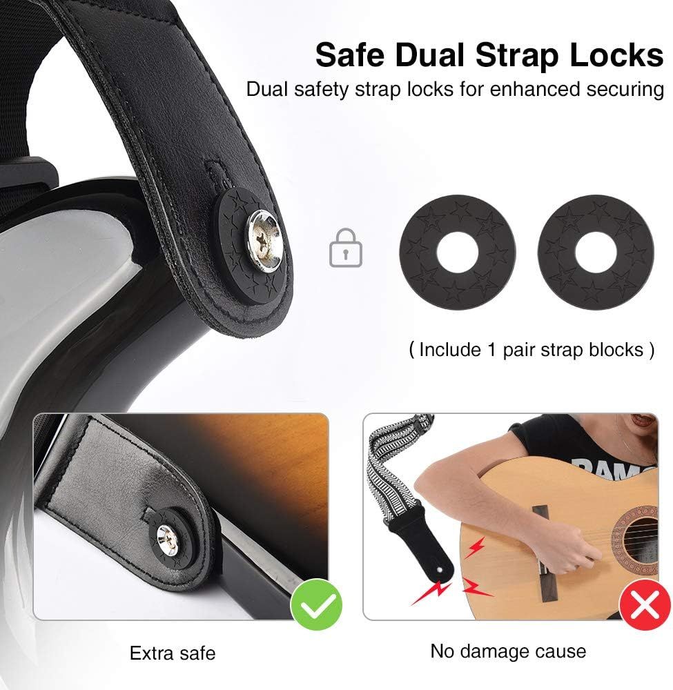 Highlights the dual safety strap lock feature that provides enhanced securing for the product, reassuring customers about safety and preventing damage during use.