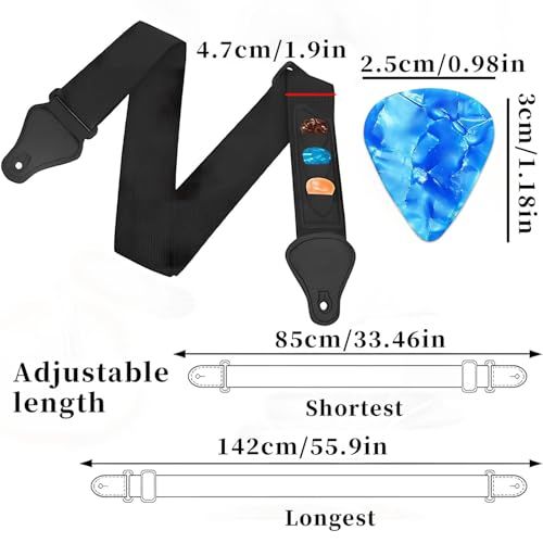 Communicates the exact dimensions of the guitar strap including width, length range, and pick holder size to help shoppers understand if it will fit their needs.