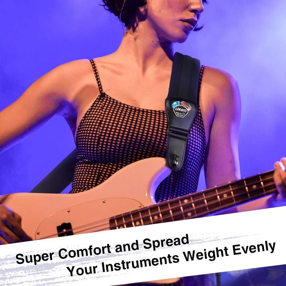 Communicates that the guitar strap provides superior comfort by evenly distributing the weight of the instrument, making it ideal for extended playing sessions.