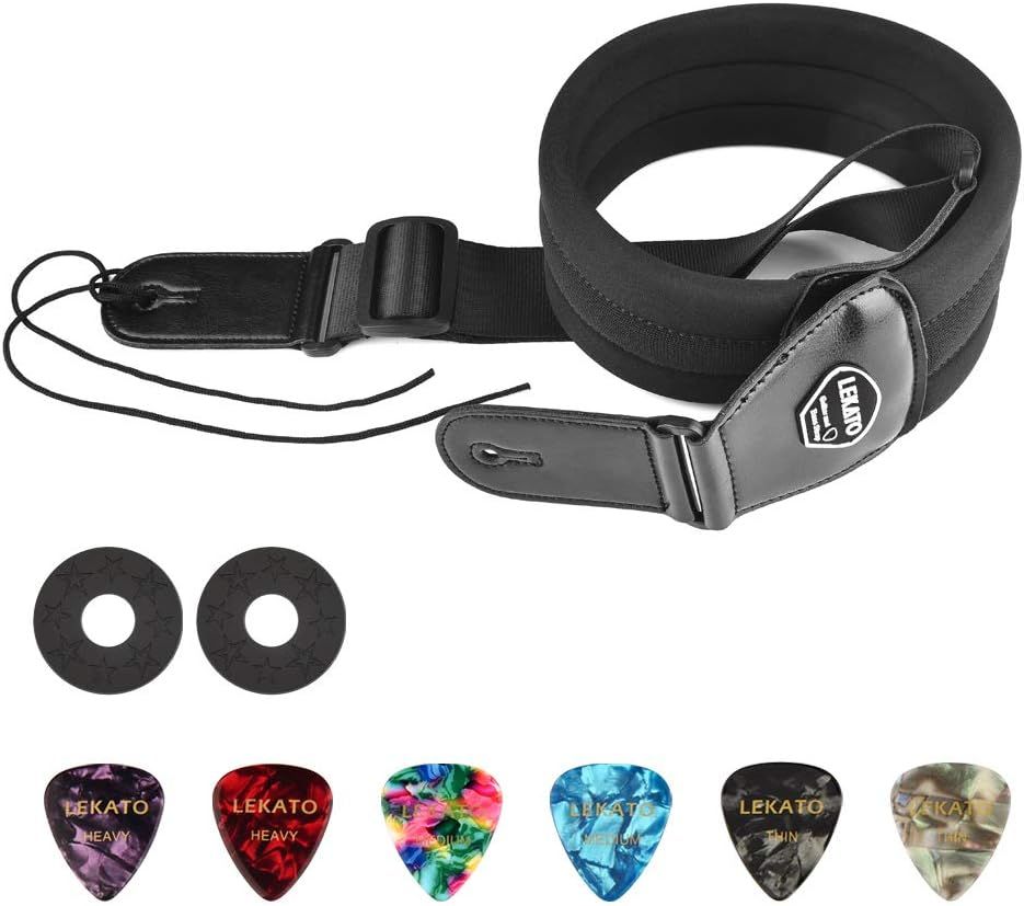 Shows all items included in the package so shoppers understand they receive a complete guitar accessory bundle with strap, locks, and multiple picks.