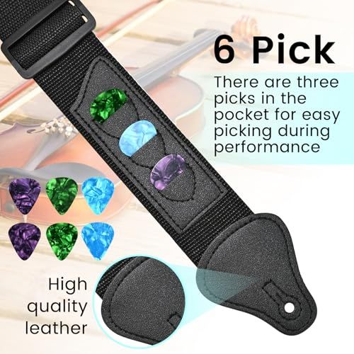 Showcases multiple features of the guitar strap including the built-in pick holder with 6 picks and the high-quality leather construction to demonstrate versatility and premium materials.